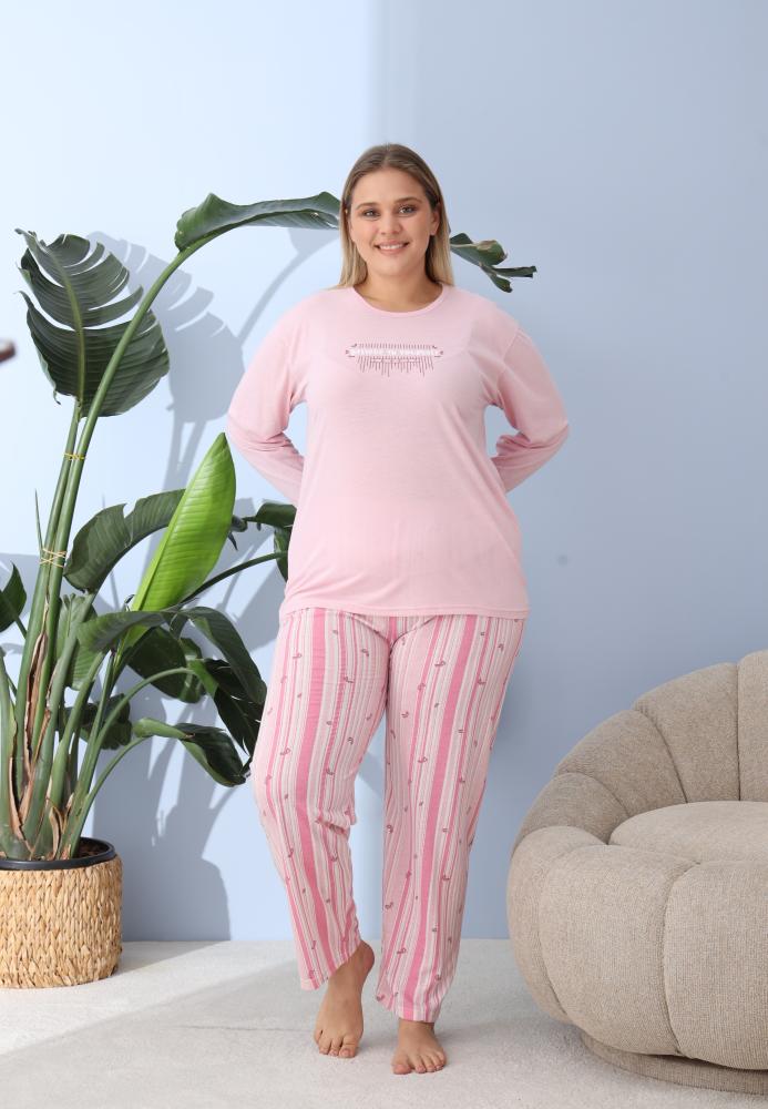 Pijama Dama ,Big Size ,'BELIEVE IN YOURSELF" cu Pantloni si Maneca lunga, Culoare Roz ,Engros